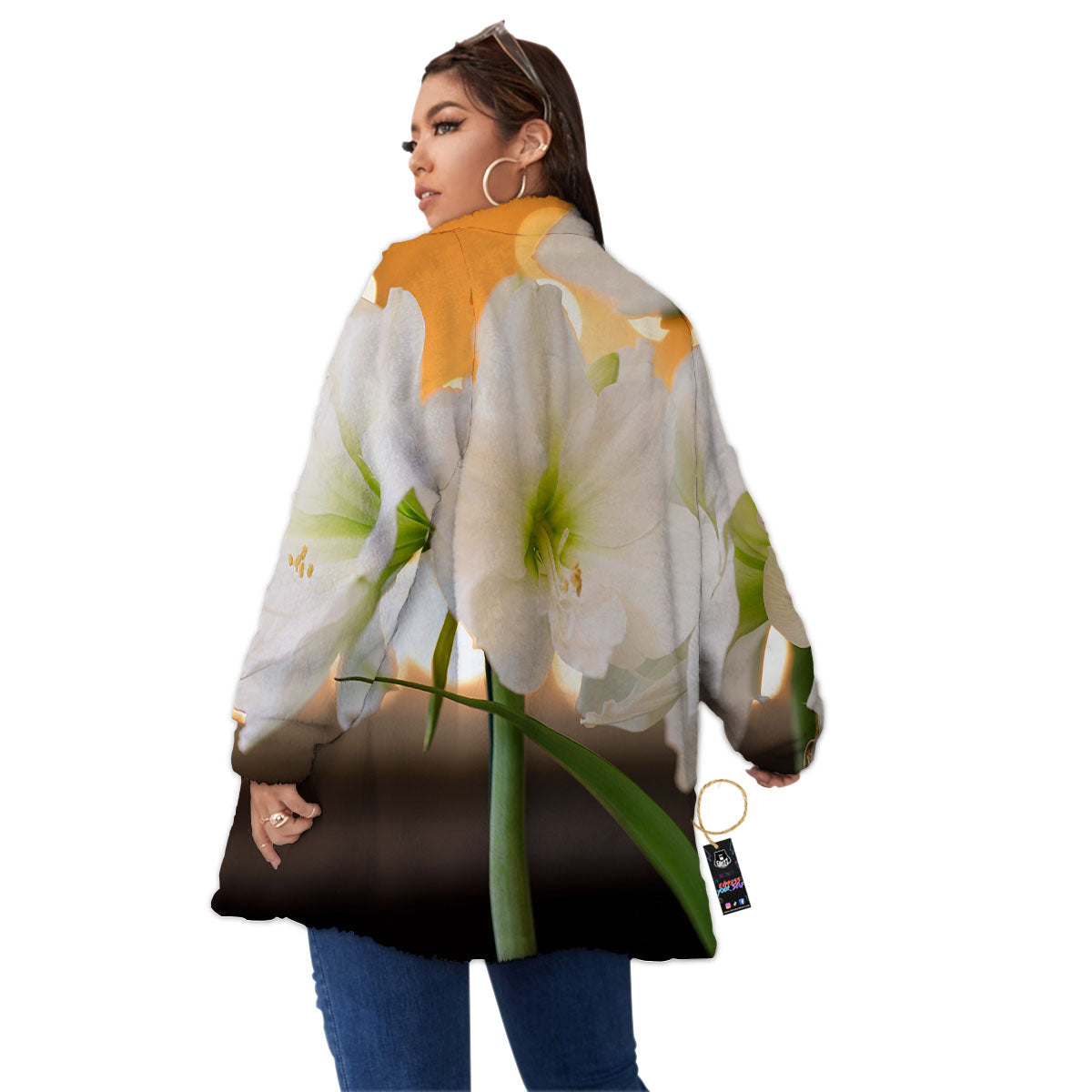 Amaryllis White Print Women's Sherpa Jacket-grizzshop