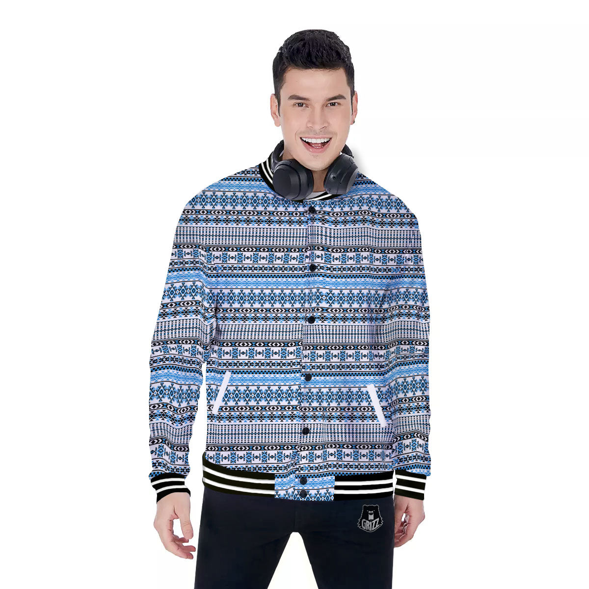 American Aztec Blue Native Print Pattern Baseball Jacket-grizzshop