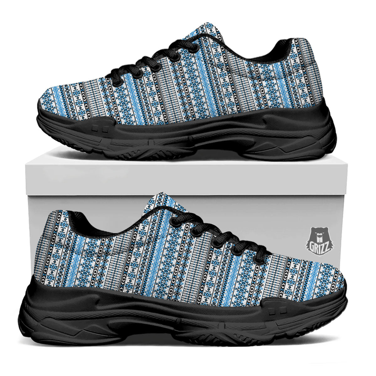American Aztec Blue Native Print Pattern Black Chunky Shoes-grizzshop