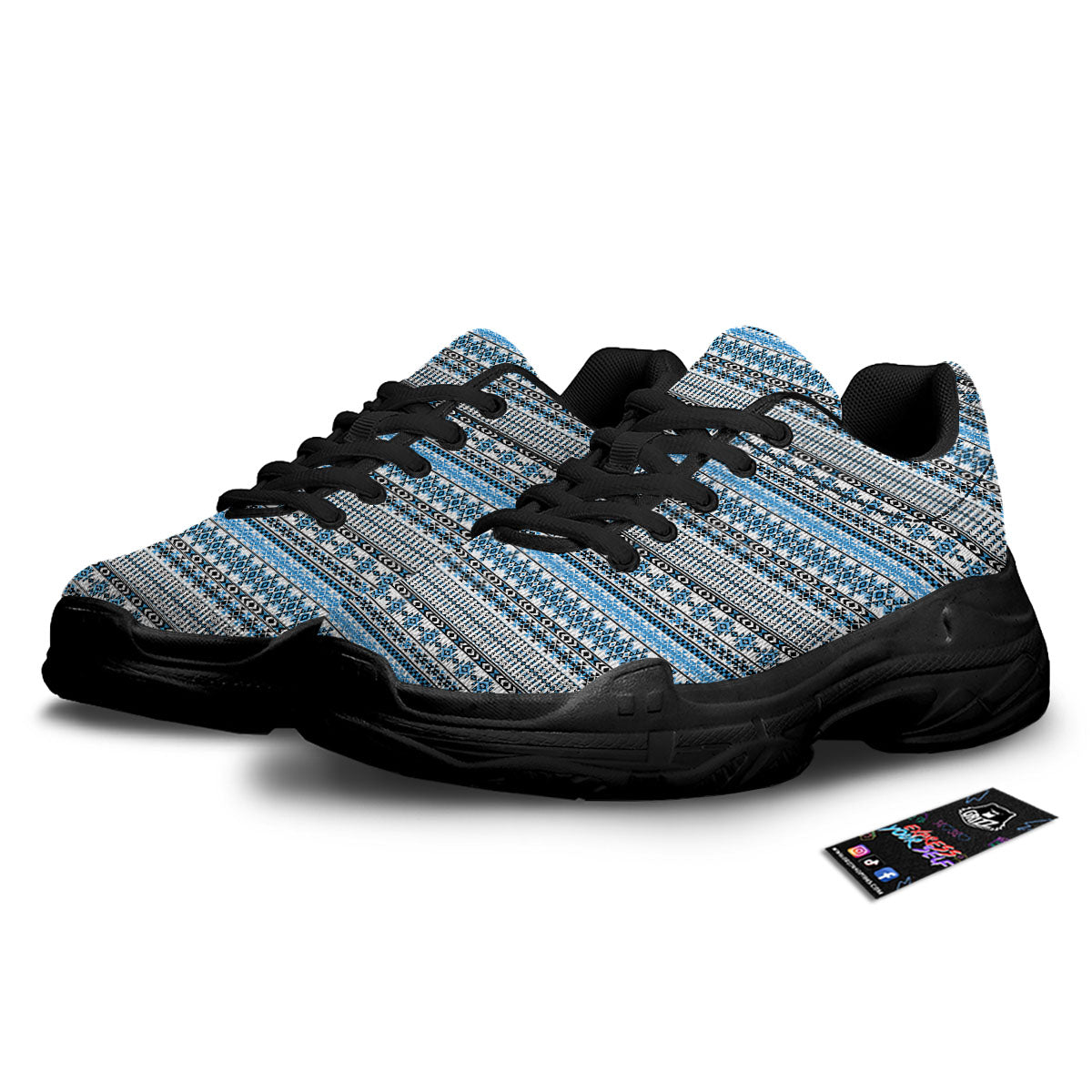 American Aztec Blue Native Print Pattern Black Chunky Shoes-grizzshop