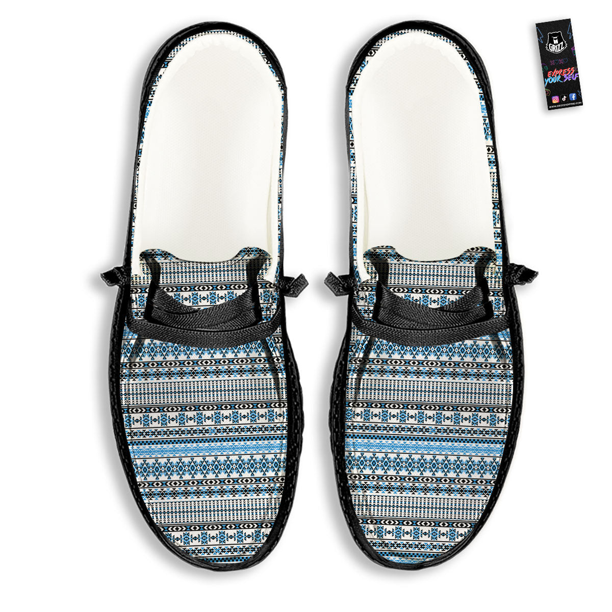 American Aztec Blue Native Print Pattern Black Loafers-grizzshop
