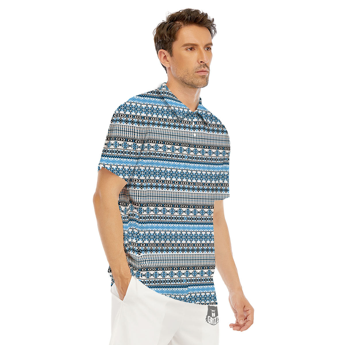 American Aztec Blue Native Print Pattern Men's Golf Shirts-grizzshop