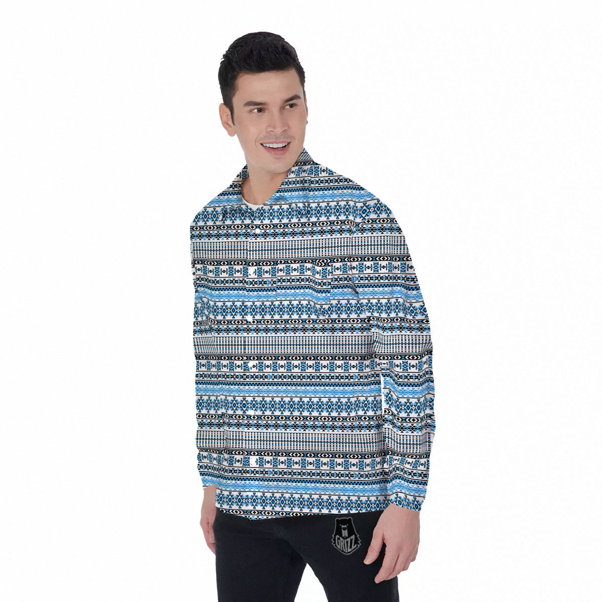 American Aztec Blue Native Print Pattern Men's Long Sleeve Shirts-grizzshop