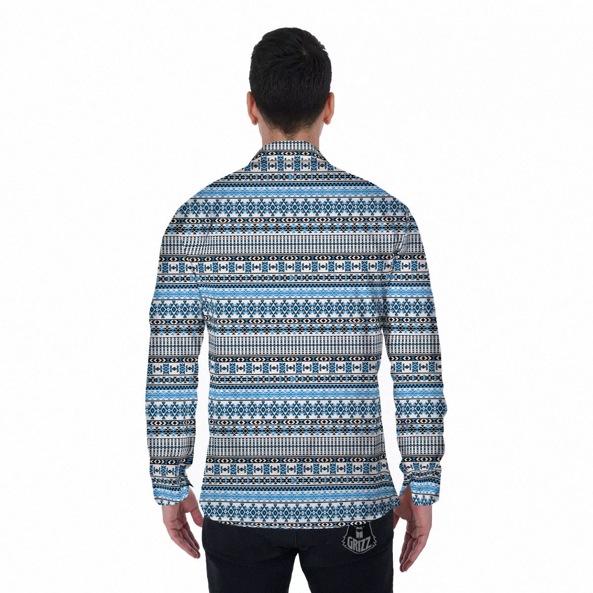 American Aztec Blue Native Print Pattern Men's Long Sleeve Shirts-grizzshop