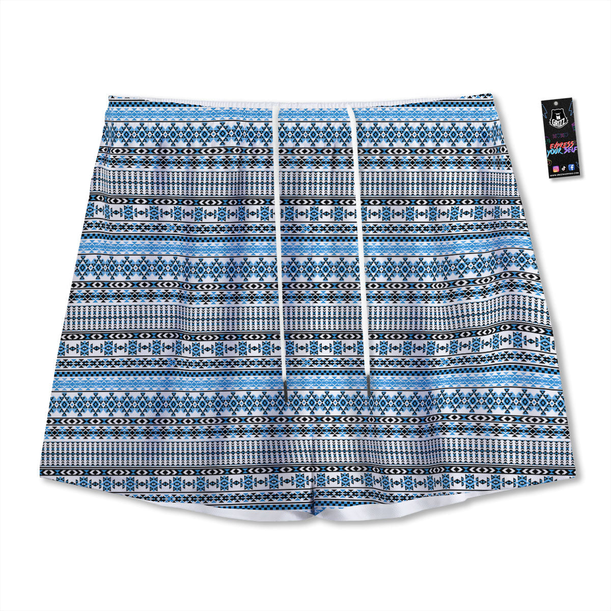 American Aztec Blue Native Print Pattern Mesh Shorts-grizzshop