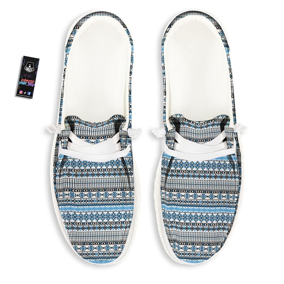 American Aztec Blue Native Print Pattern White Loafers-grizzshop