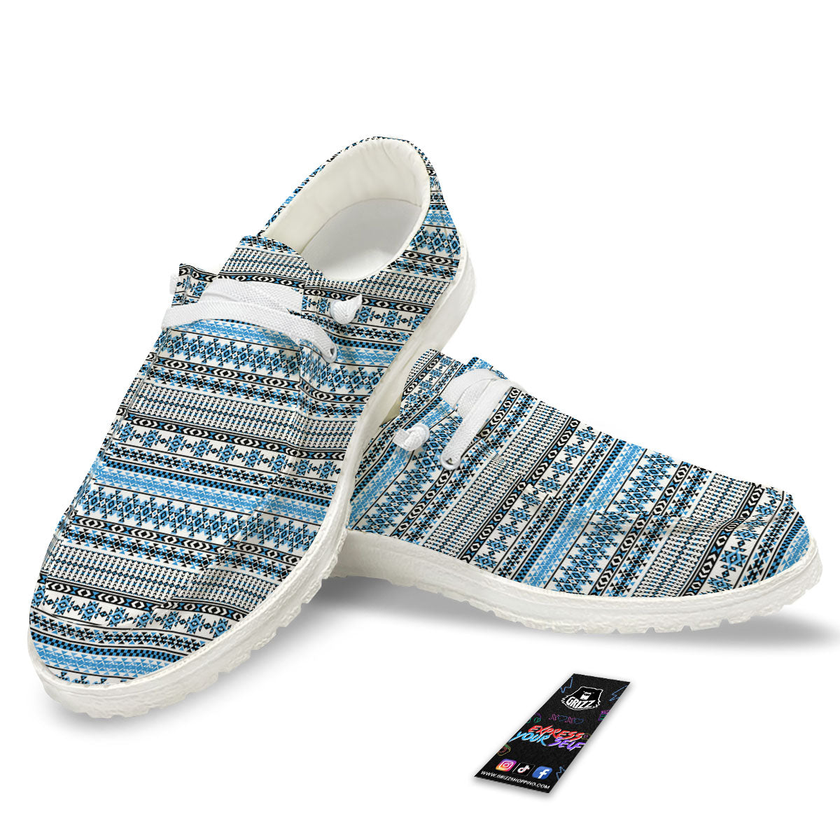 American Aztec Blue Native Print Pattern White Loafers-grizzshop