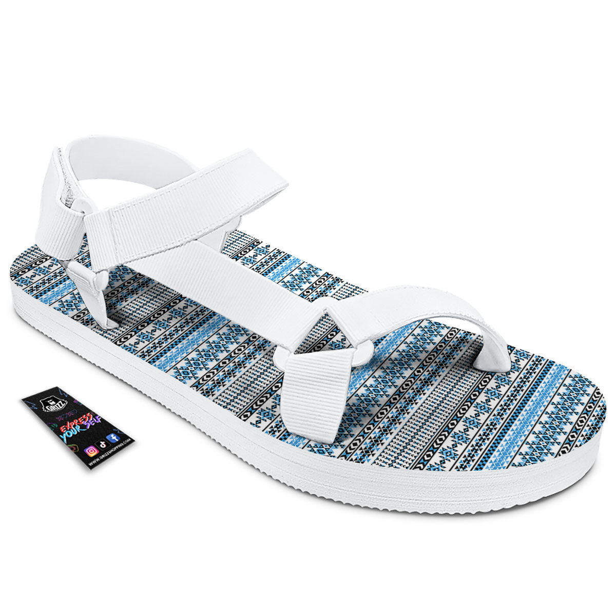 American Aztec Blue Native Print Pattern White Open Toe Sandals-grizzshop
