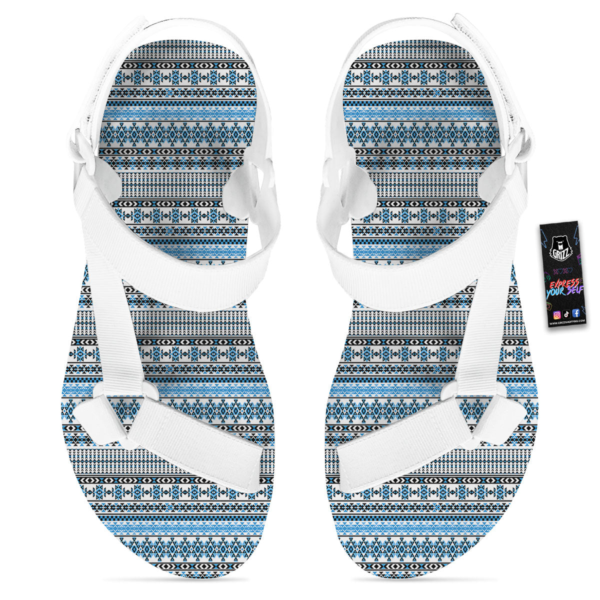 American Aztec Blue Native Print Pattern White Open Toe Sandals-grizzshop