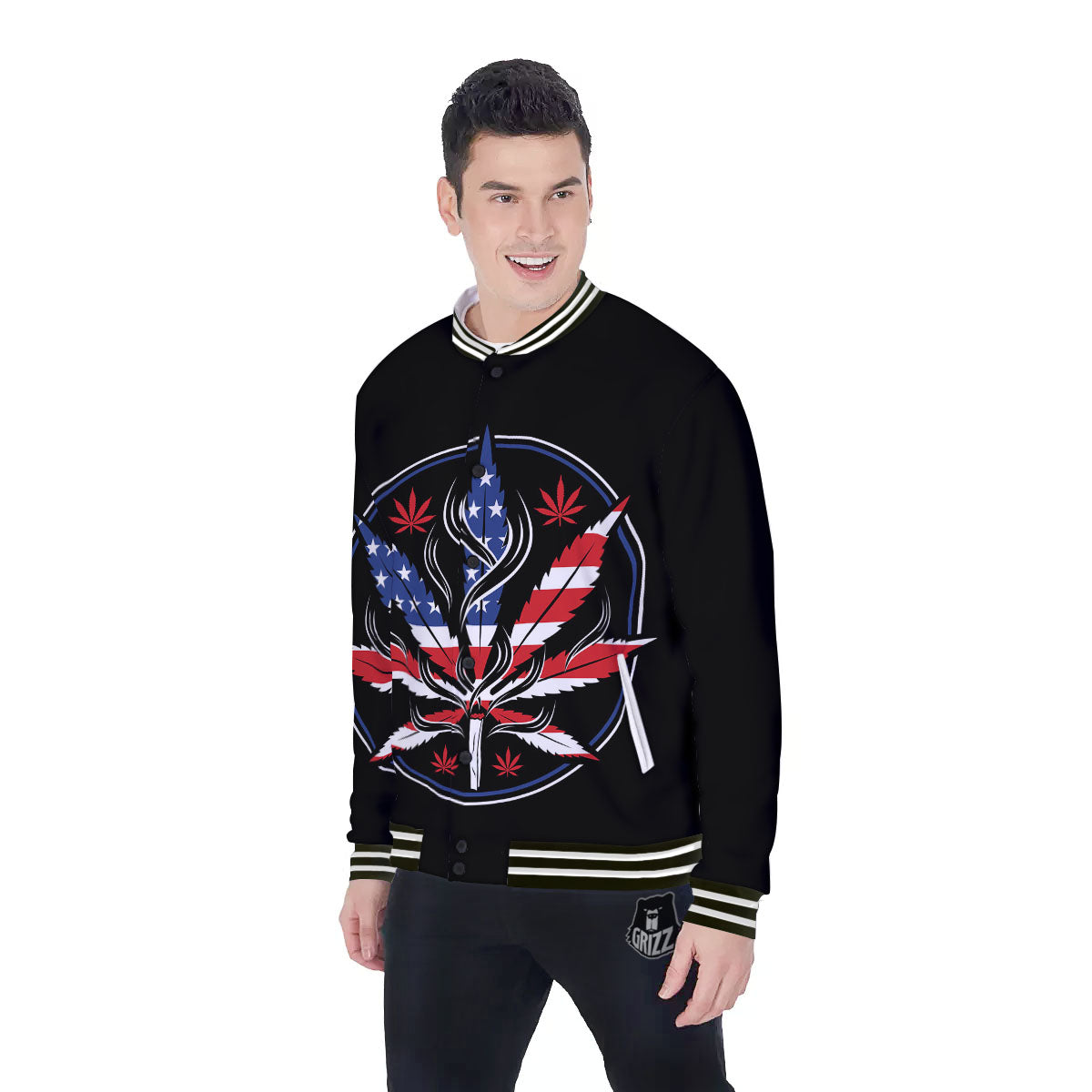American Cannabis Leaf Flag Print Baseball Jacket-grizzshop