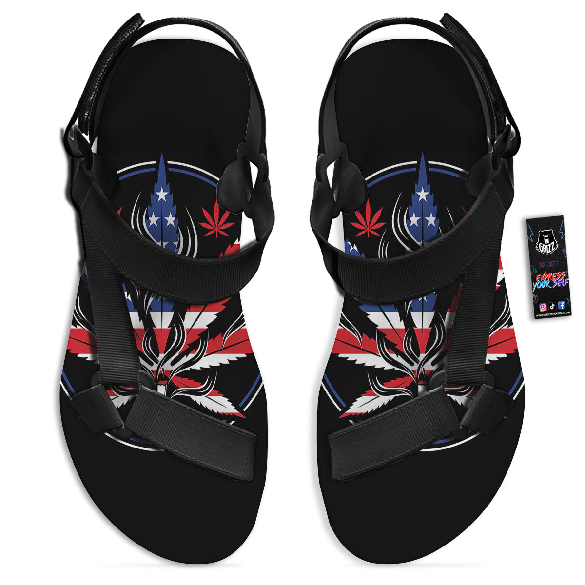 American Cannabis Leaf Flag Print Black Open Toe Sandals-grizzshop
