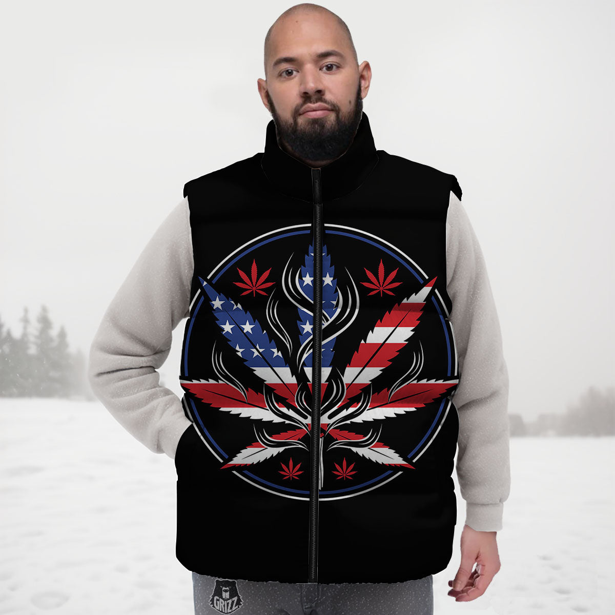 American Cannabis Leaf Flag Print Down Vest
