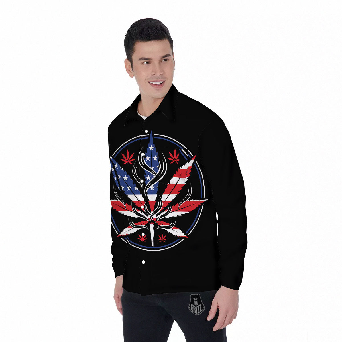 American Cannabis Leaf Flag Print Men's Long Sleeve Shirts-grizzshop