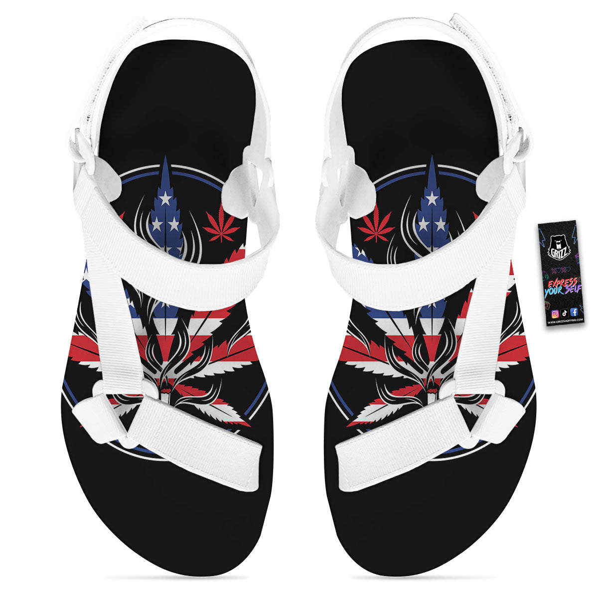 American Cannabis Leaf Flag Print White Open Toe Sandals-grizzshop