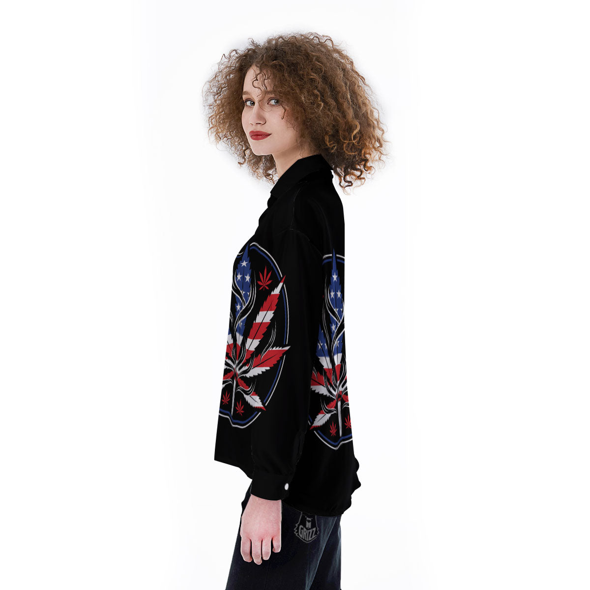 American Cannabis Leaf Flag Print Women's Long Sleeve Shirts-grizzshop