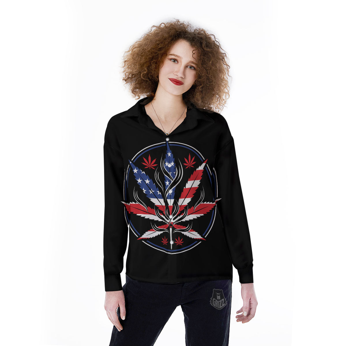American Cannabis Leaf Flag Print Women's Long Sleeve Shirts-grizzshop
