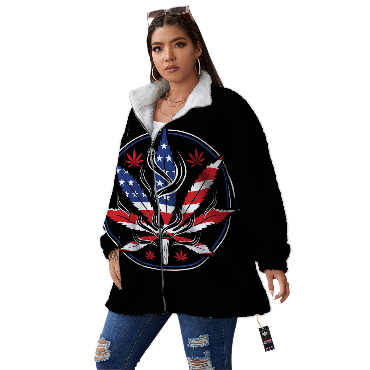 American Cannabis Leaf Flag Print Women's Sherpa Jacket-grizzshop