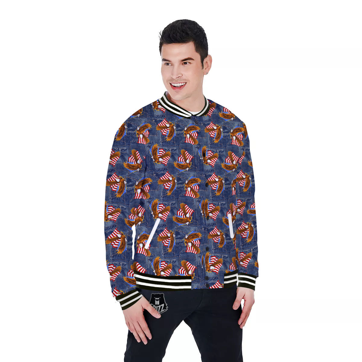 American Eagle Denim Print Pattern Baseball Jacket-grizzshop