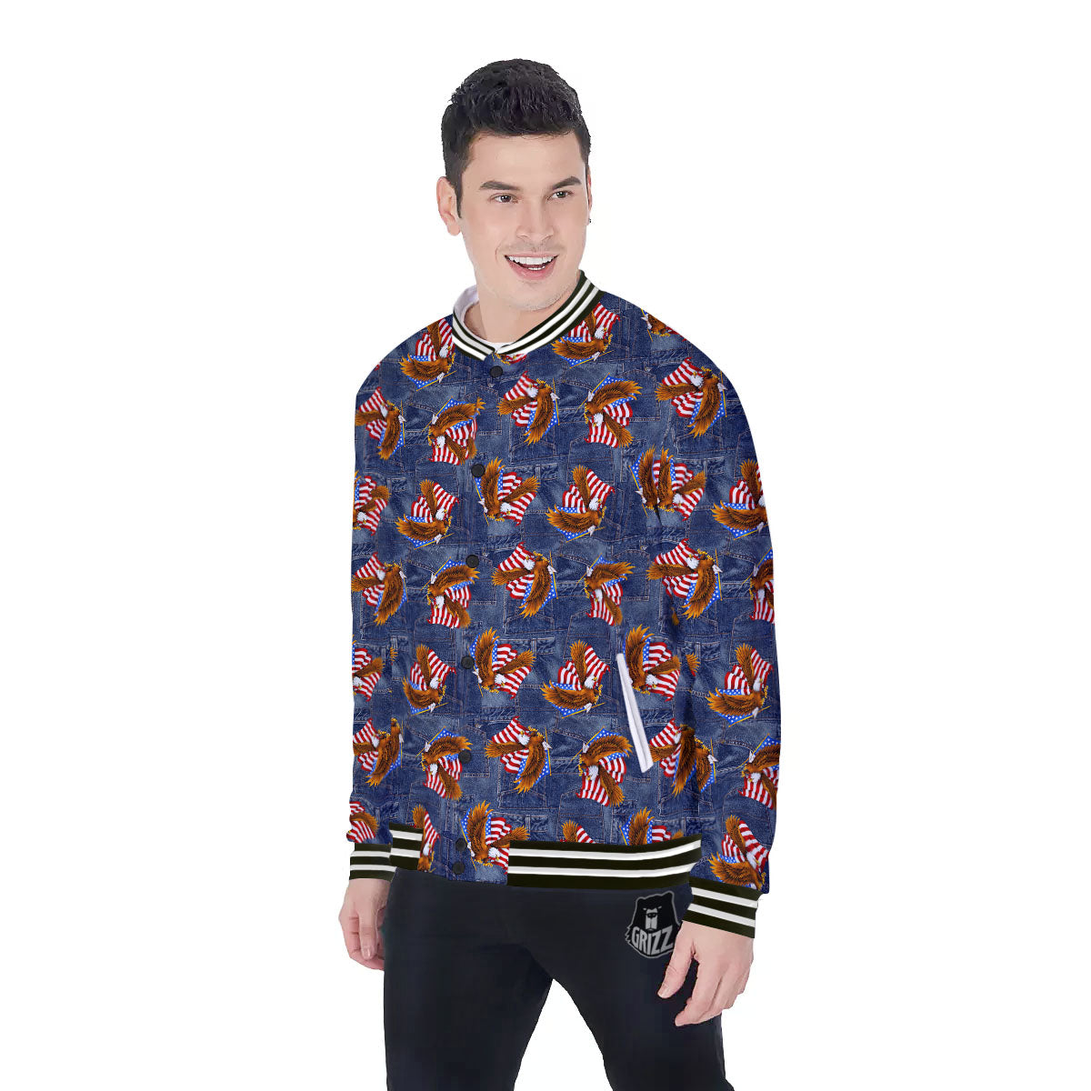 American Eagle Denim Print Pattern Baseball Jacket-grizzshop