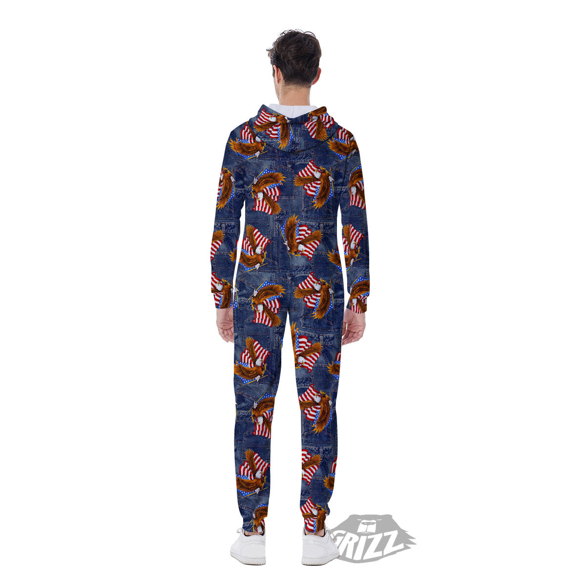 American Eagle Denim Print Pattern Men's Jumpsuit-grizzshop