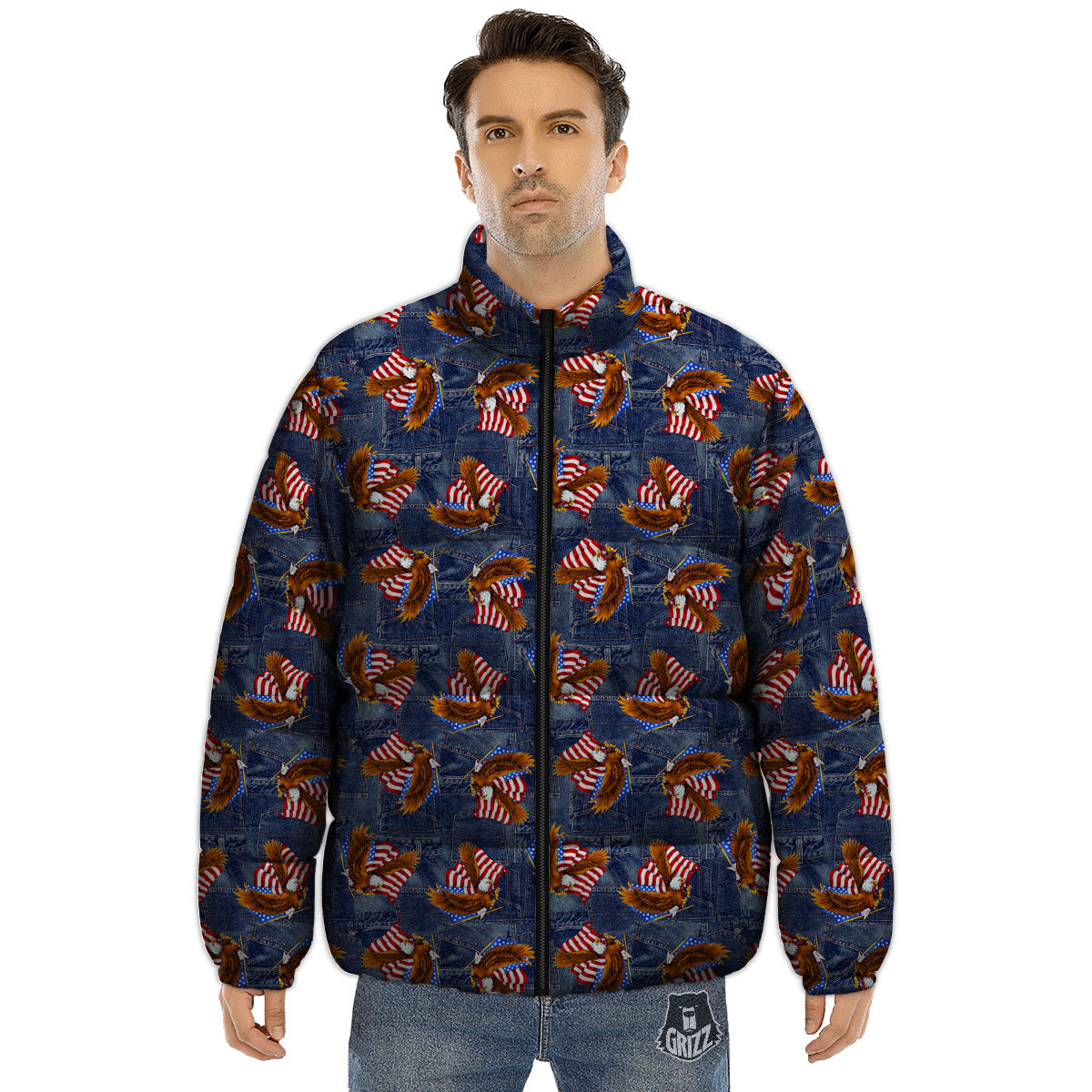 American Eagle Denim Print Pattern Puffer Jacket-grizzshop