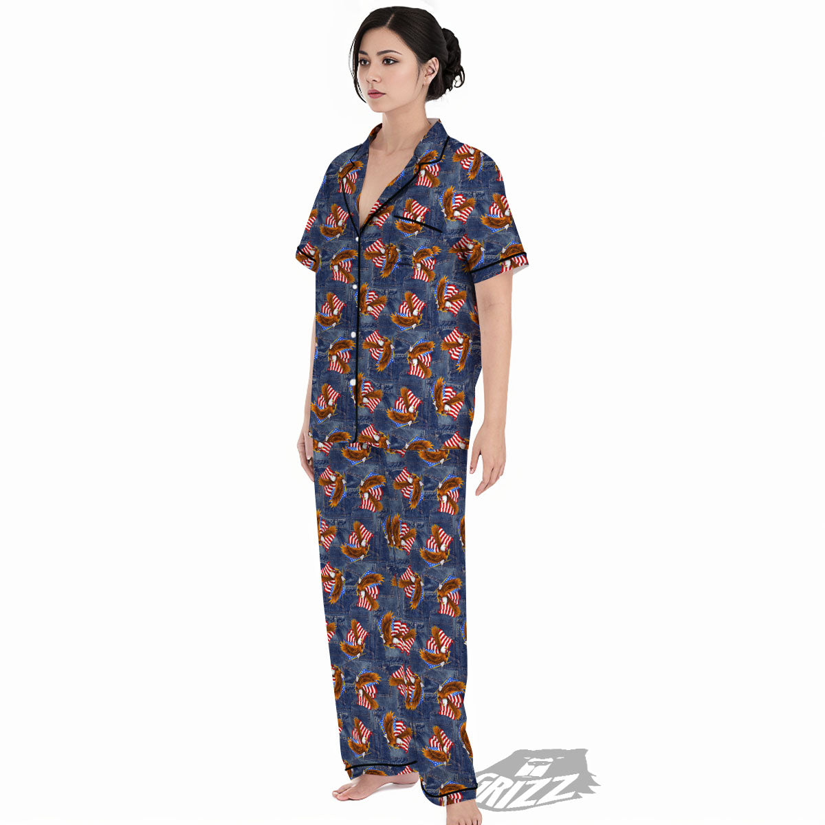 American Eagle Denim Print Pattern Women's Pajamas Set-grizzshop