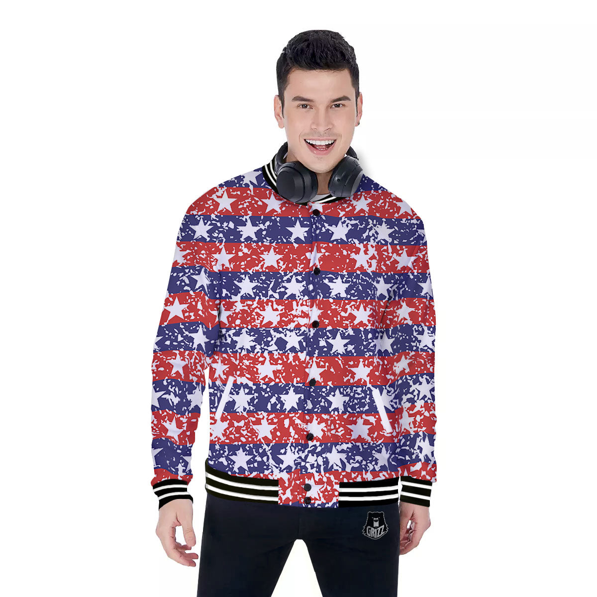 American Flag Abstract Print Baseball Jacket-grizzshop