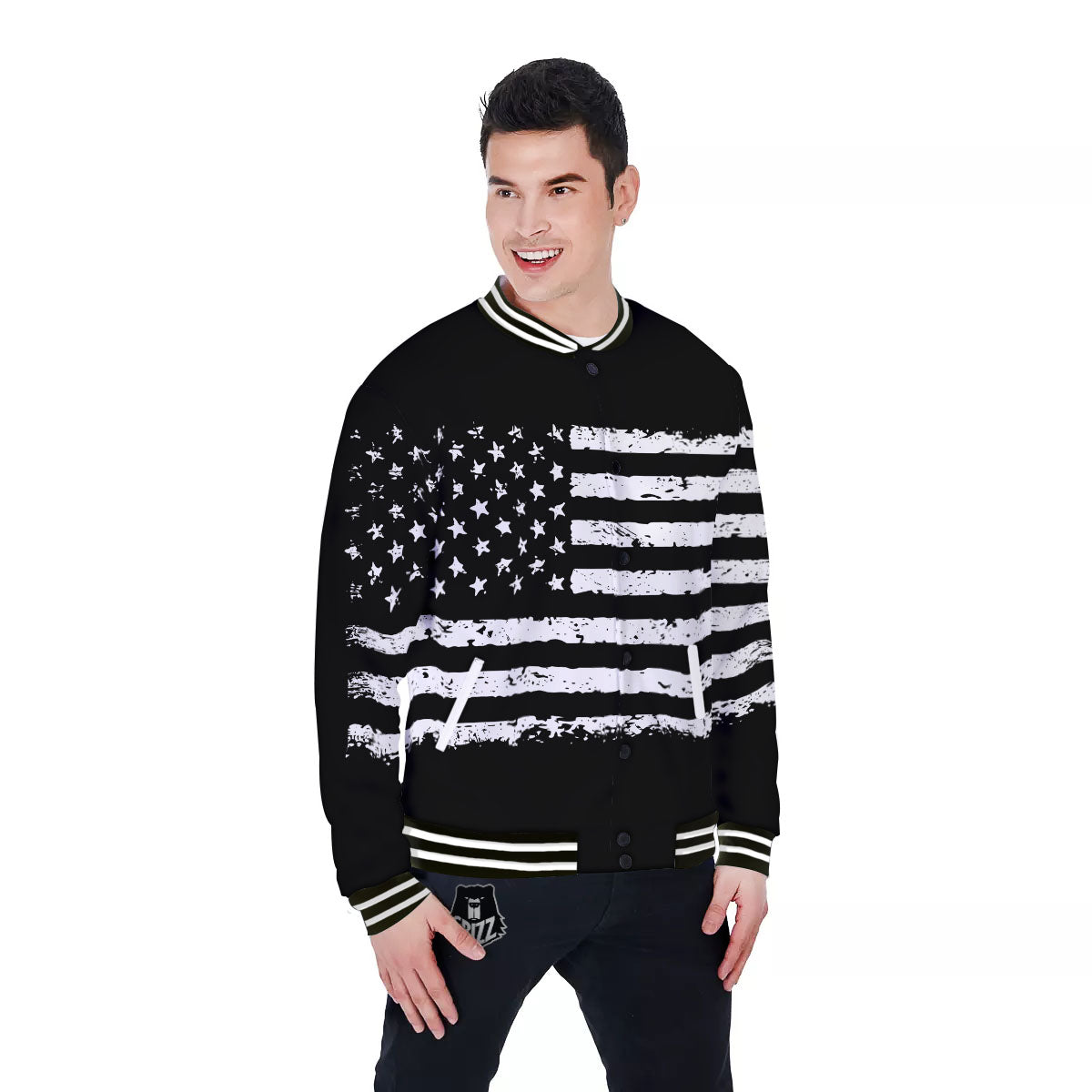 American Flag Black Print Baseball Jacket-grizzshop