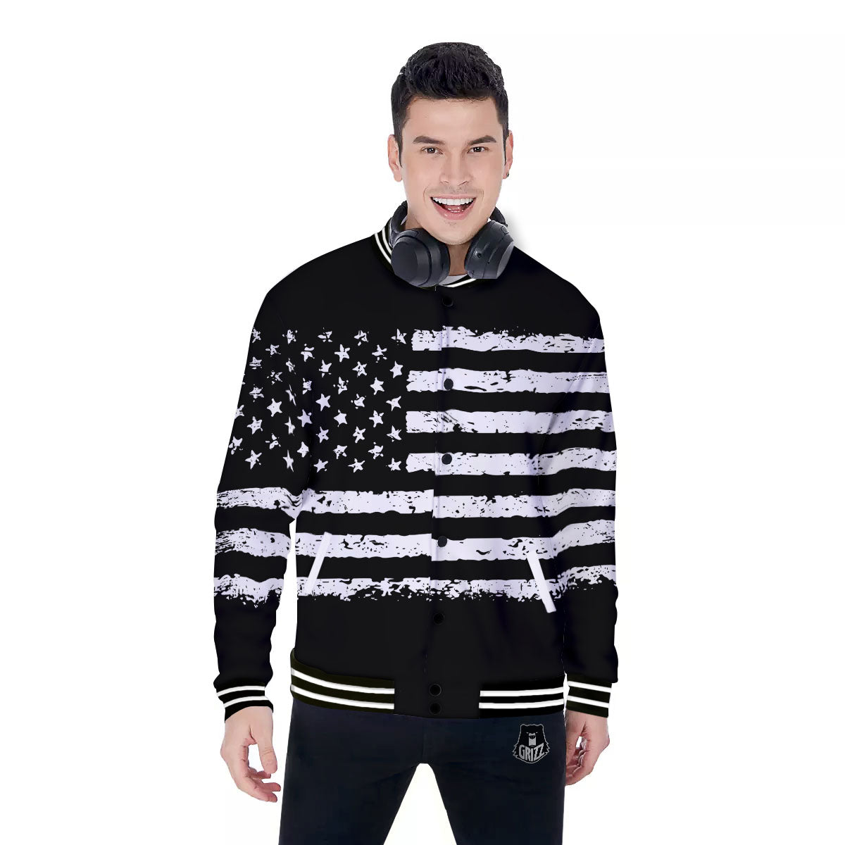 American Flag Black Print Baseball Jacket-grizzshop
