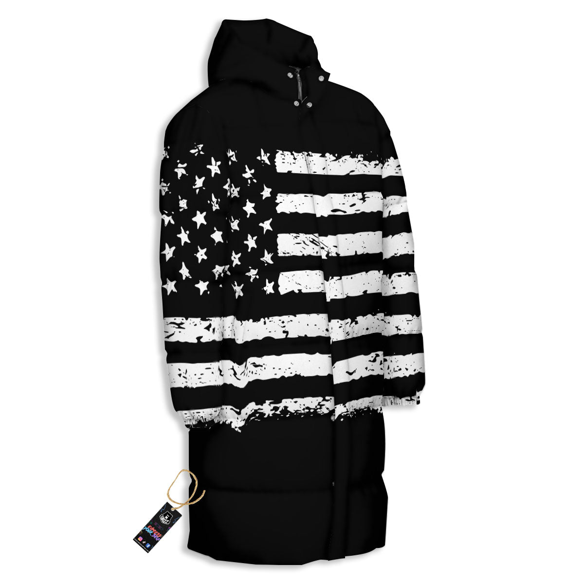 American Flag Black Print Long Down Jacket-grizzshop