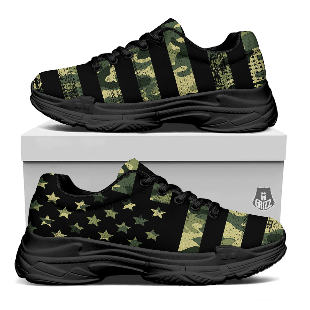 American Flag Camouflage Print Black Chunky Shoes-grizzshop