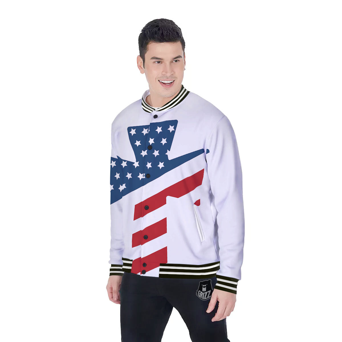 American Flag Christian Cross Print Baseball Jacket-grizzshop
