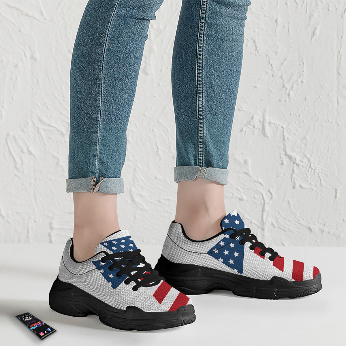 American Flag Christian Cross Print Black Chunky Shoes-grizzshop