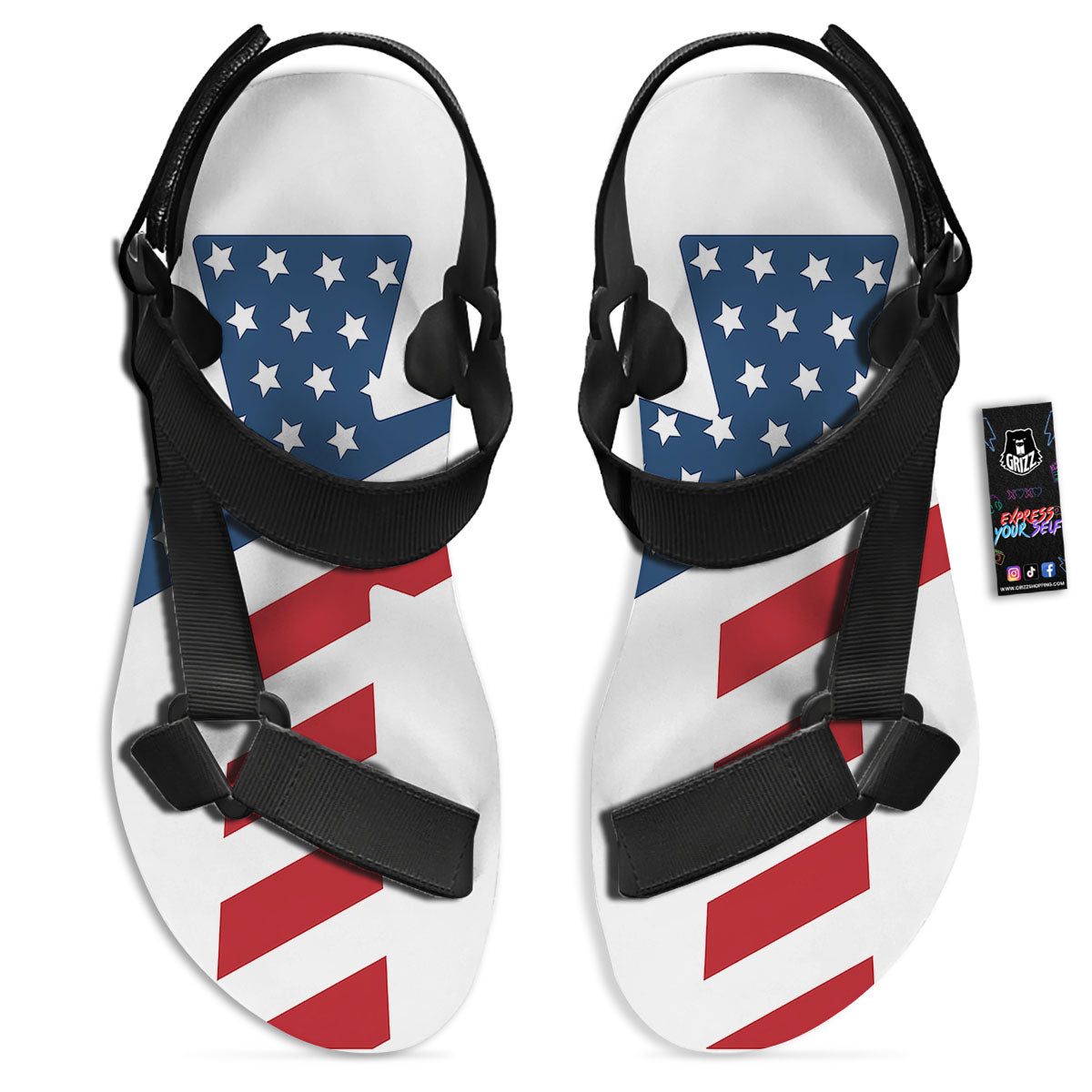 American Flag Christian Cross Print Black Open Toe Sandals-grizzshop