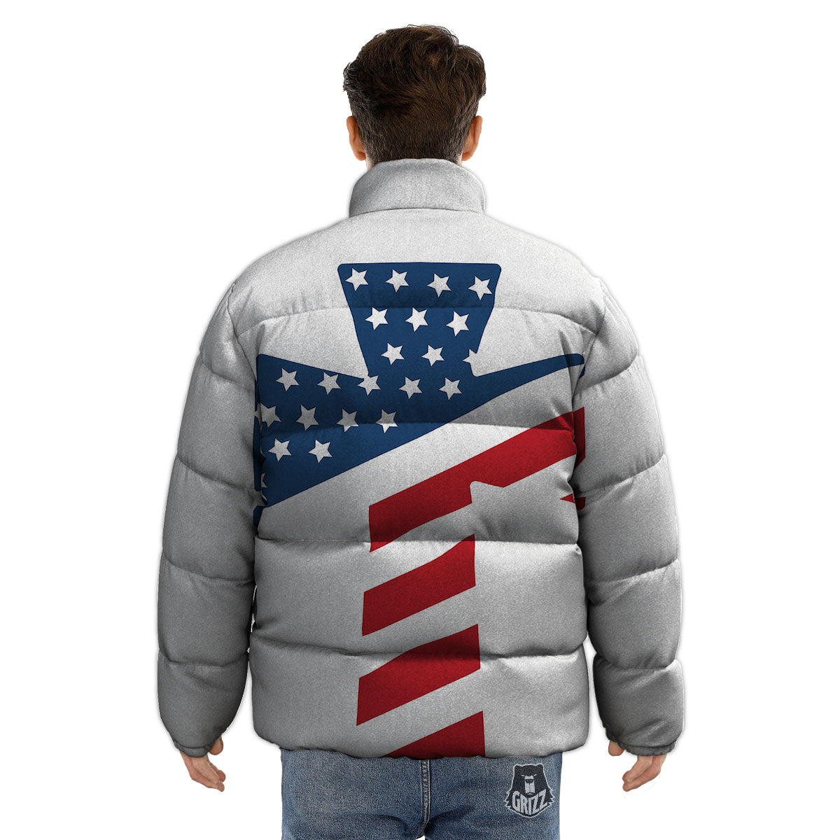 American Flag Christian Cross Print Puffer Jacket-grizzshop