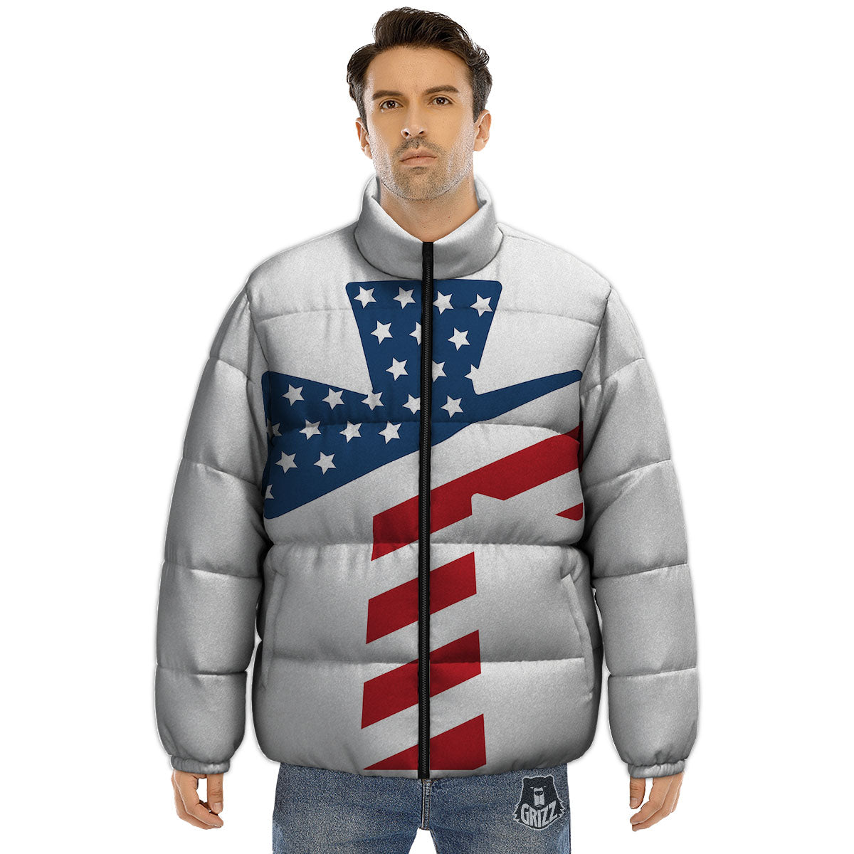 American Flag Christian Cross Print Puffer Jacket-grizzshop
