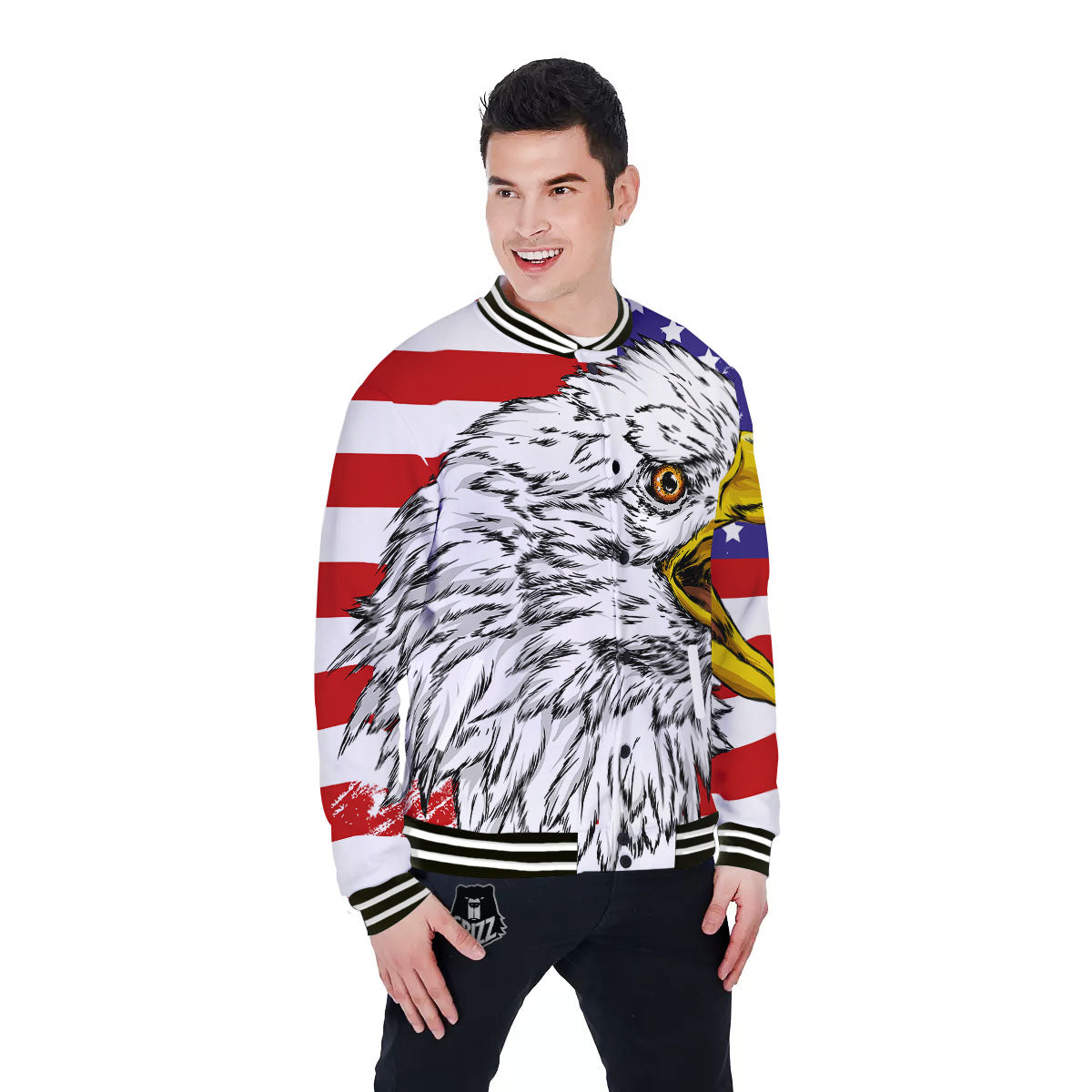American Flag Eagle Print Baseball Jacket-grizzshop