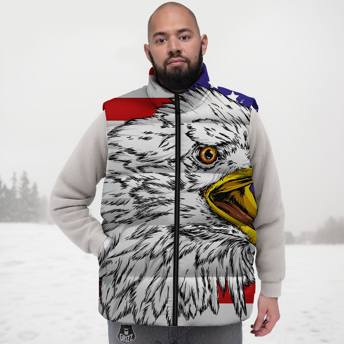 American Flag Eagle Print Down Vest-grizzshop