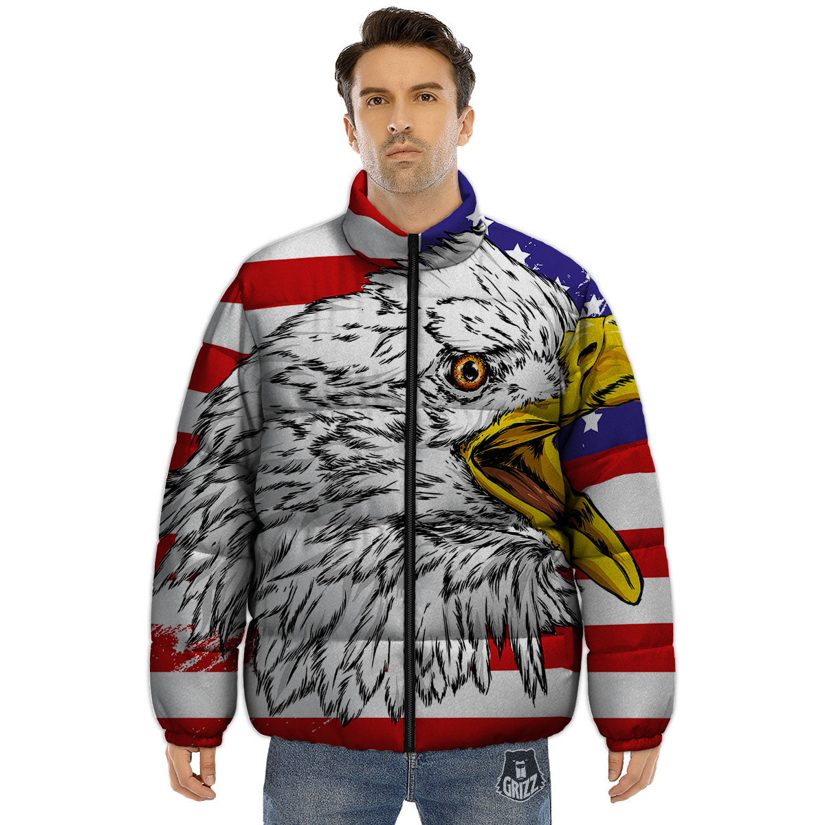 American Flag Eagle Print Puffer Jacket-grizzshop