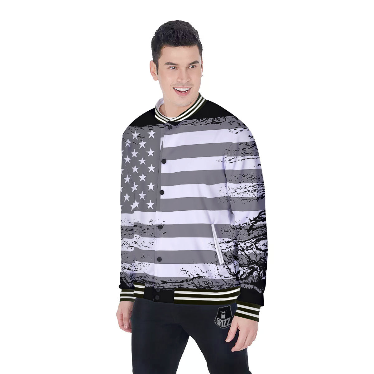 American Flag Grey Grunge Print Baseball Jacket-grizzshop