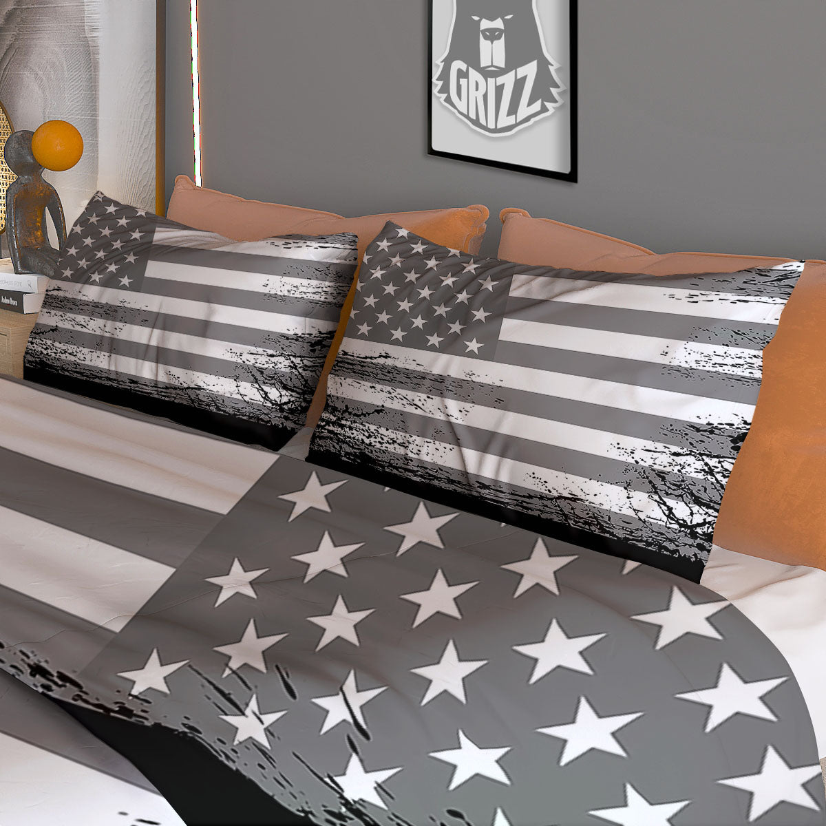 American Flag Grey Grunge Print Duvet Cover Bedding Set