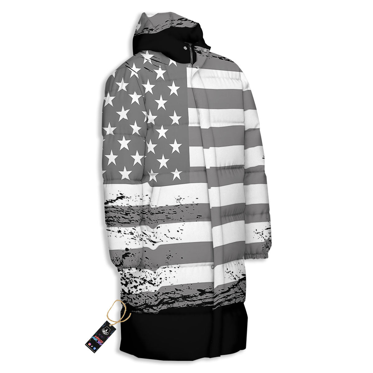 American Flag Grey Grunge Print Long Down Jacket-grizzshop