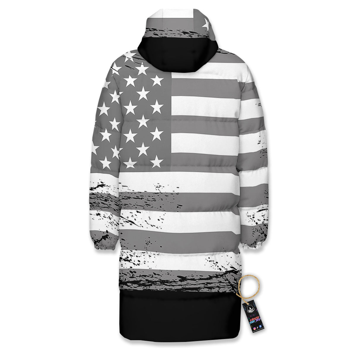 American Flag Grey Grunge Print Long Down Jacket-grizzshop