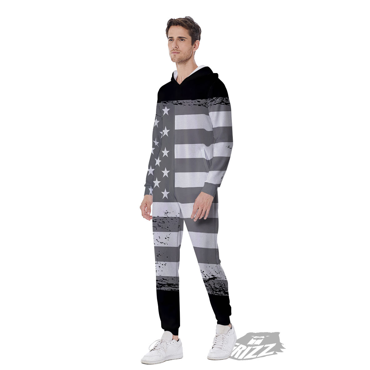 American Flag Grey Grunge Print Men's Jumpsuit-grizzshop