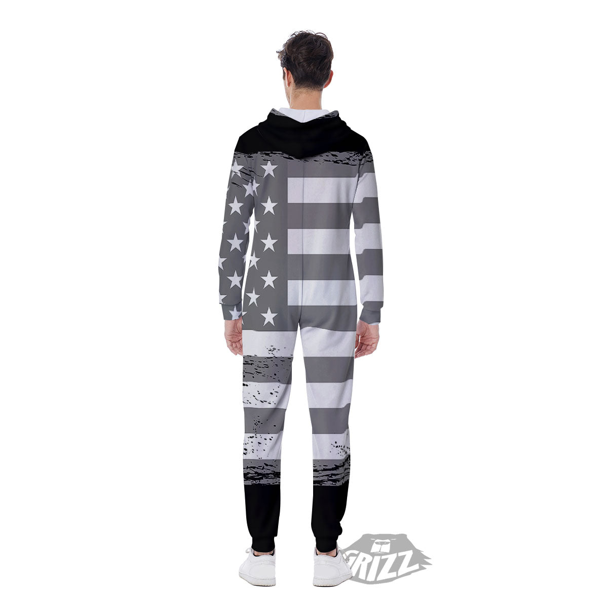 American Flag Grey Grunge Print Men's Jumpsuit-grizzshop