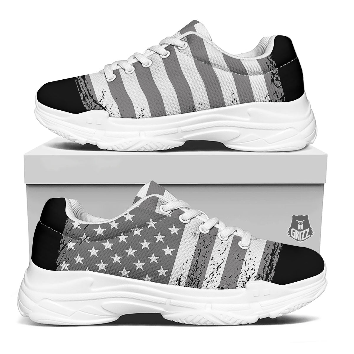 American Flag Grey Grunge Print White Chunky Shoes-grizzshop
