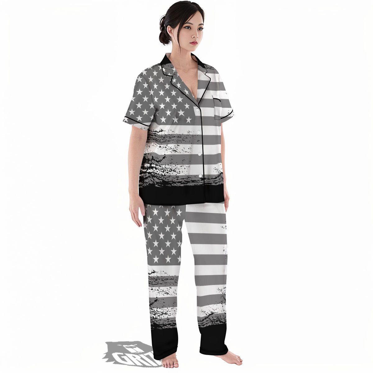 American Flag Grey Grunge Print Women's Pajamas Set-grizzshop