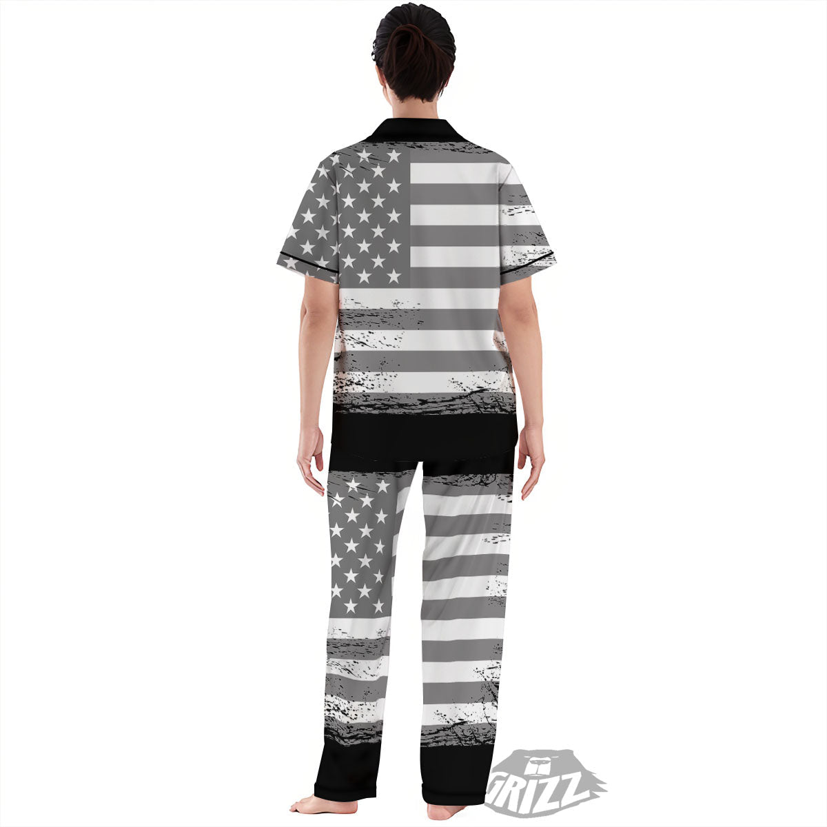 American Flag Grey Grunge Print Women's Pajamas Set-grizzshop