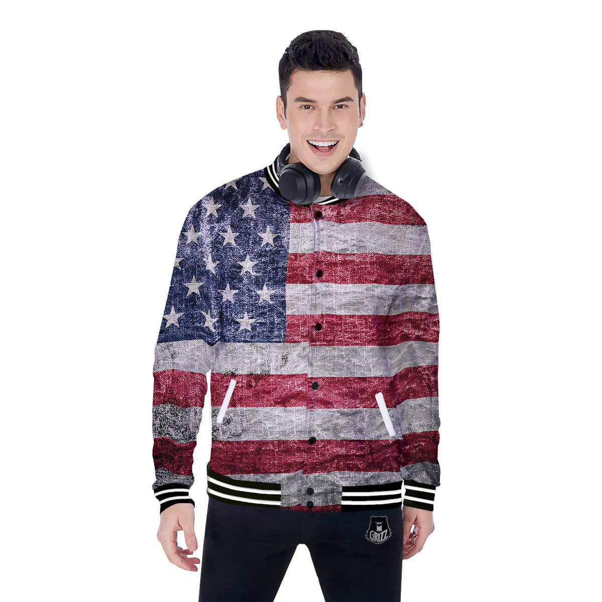 American Flag Grunge Print Baseball Jacket-grizzshop