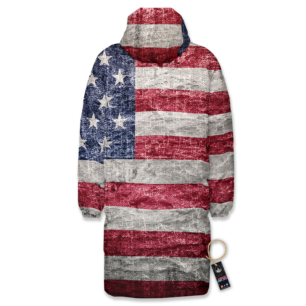 American Flag Grunge Print Long Down Jacket-grizzshop
